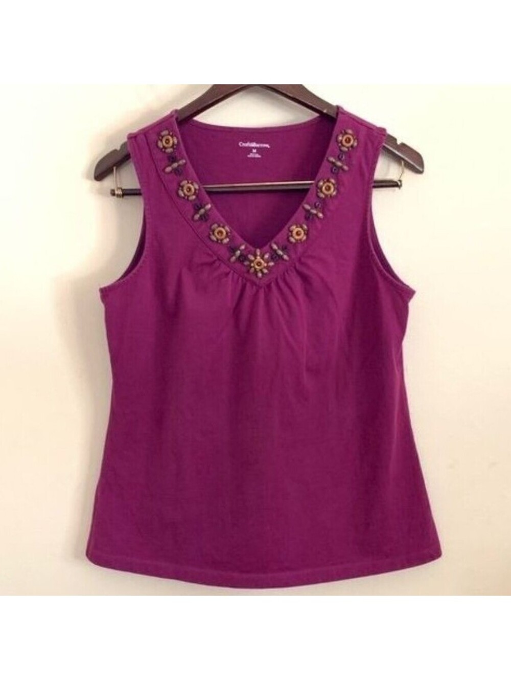 Croft & Barrow Womens Magenta Purple Beaded V-Neck Cotton Tank Top Size M